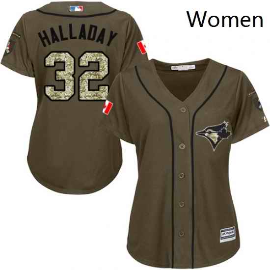 Womens Majestic Toronto Blue Jays 32 Roy Halladay Replica Green Salute to Service MLB Jersey